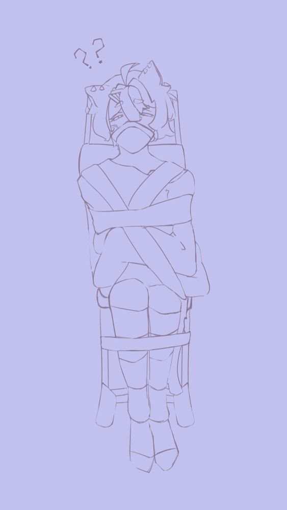 A catboy vtuber in an aisle wheelchair tied down in a Flomask 