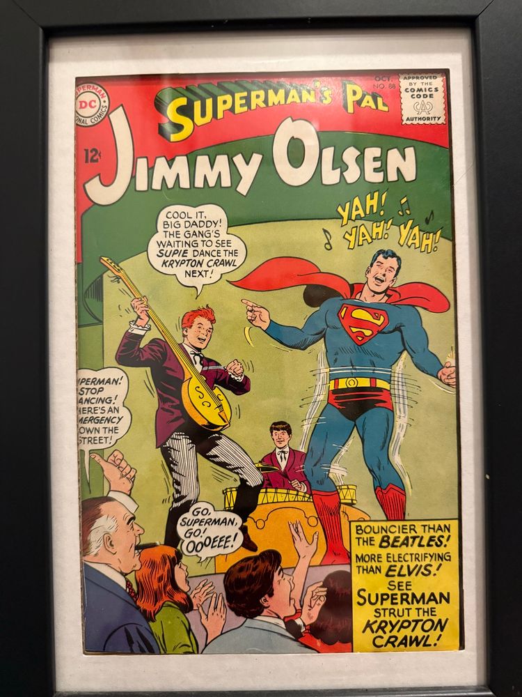 A silly 60s comic cover with Superman dancing The Krypton Crawl