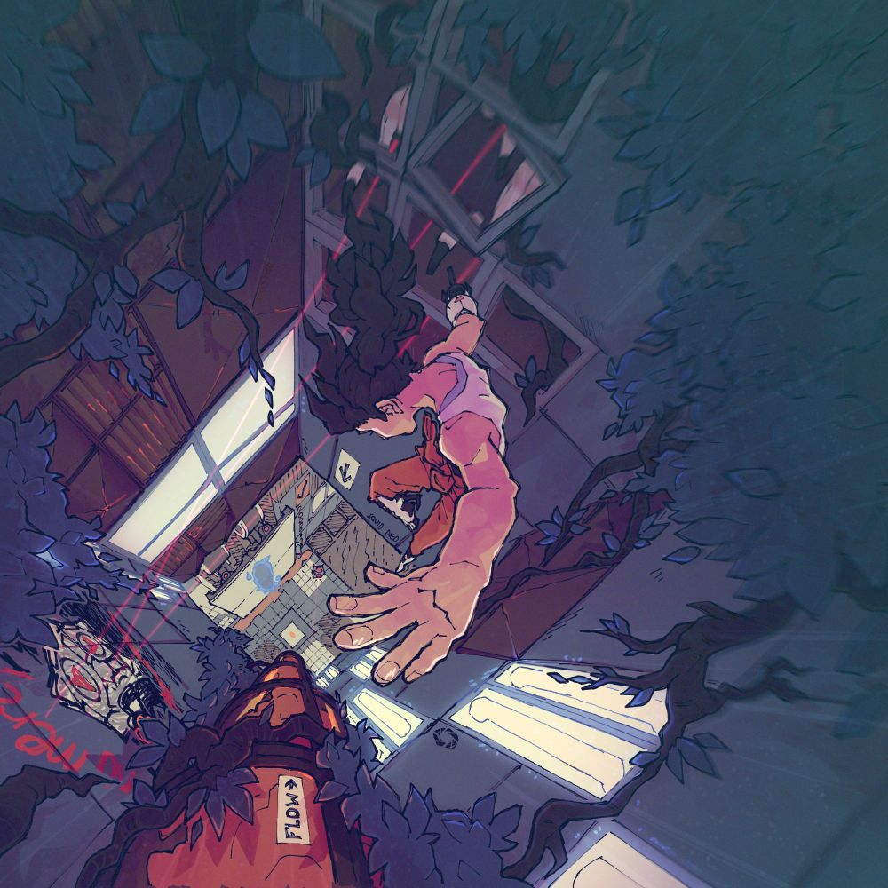 image is a piece of artwork i made of Chell from the Portal series. She is shown falling from a great height with intention, toward an orange portal. she falls past some turrets and into the test chamber below. the environment looks very overgrown and dilapidated.