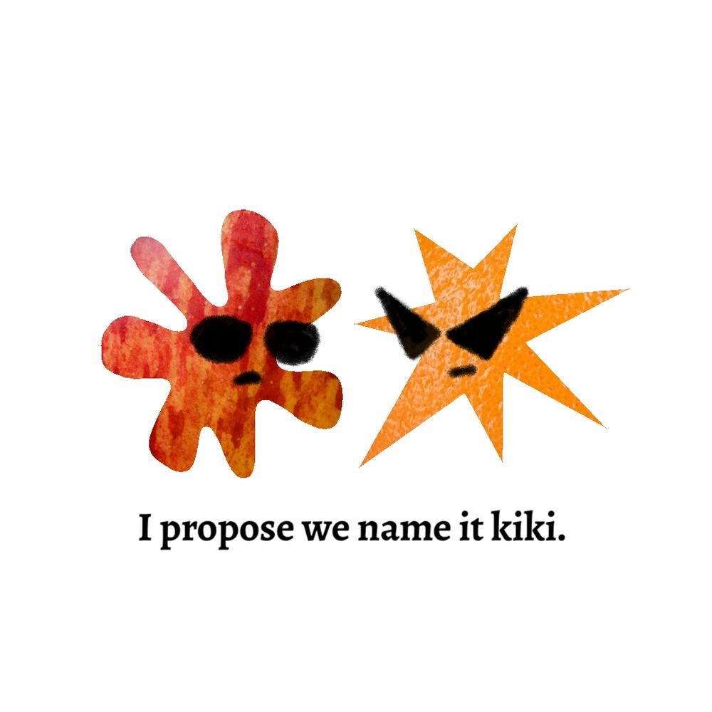 The third image in a series of four. Text reads "I propose we name it kiki." The drawing portion is now an image of the round bouba shape and pointy kiki shape. It is edited such that the bouba shape has an apple texture and Dave's face, and the kiki shape has an orange texture and Dirk's face.