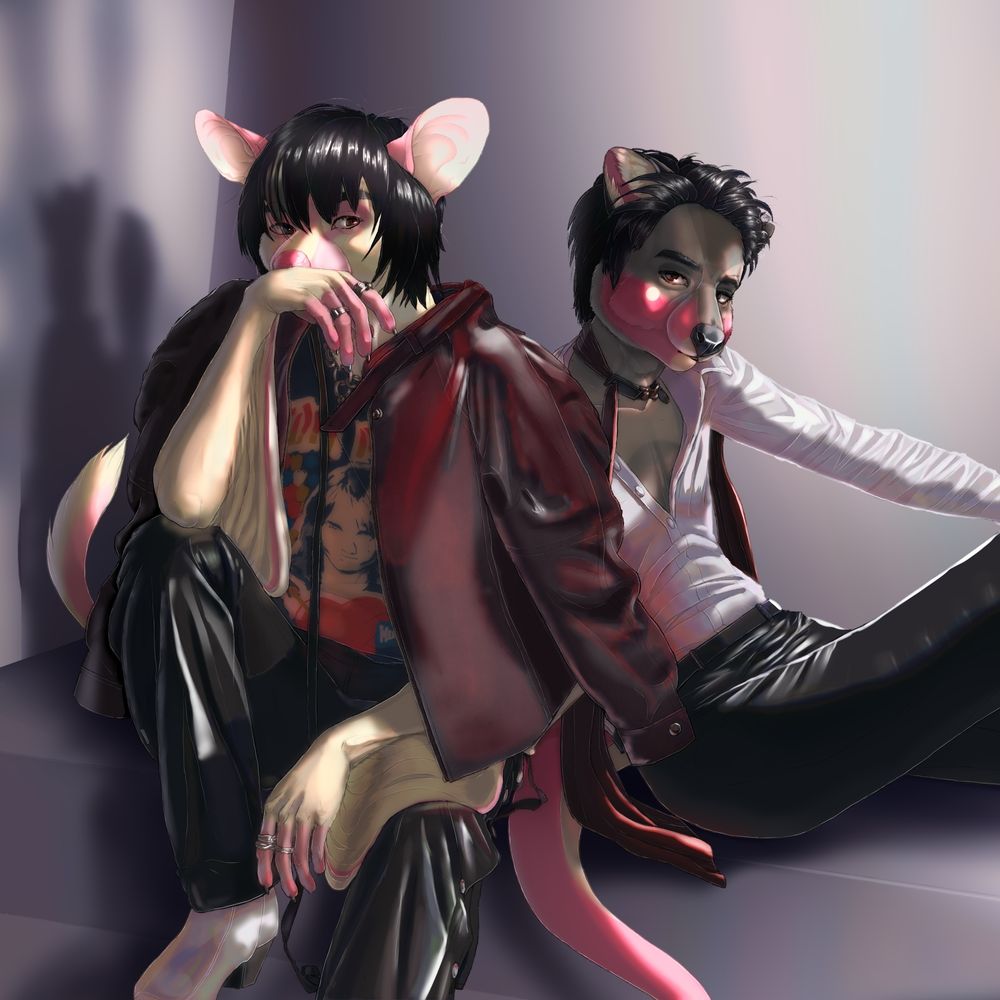 Digital drawing of two anthropomorphic, or furry, characters based on BTS Jin, sitting on a platform in an all white room. The left character - a light yellow and pink sugar glider - is in an outfit Jin wore from his Echo promo photo shoots, and the right character - a gray and pink quokka - is in an outfit Jin wore for the Harper's Bazaar photo shoot.

The sugar glider character on the left has one leg extended out of frame and tthe other bent with arms resting on his knees - the one on the bent leg has his hand covering half of his face. The quokka character on the right is sitting sideways in a similar one leg extended and one leg bent pose, but he is leaning back slightly, propped up by one hand while the other hand rests on his knee out of frame.

the sugar glider belongs to ladysunny16.bsky.social
the quokka is mine