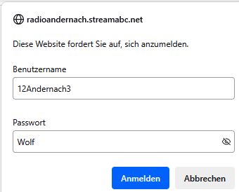 Login Maske Radion Andernach mit Passwort "Wolf"