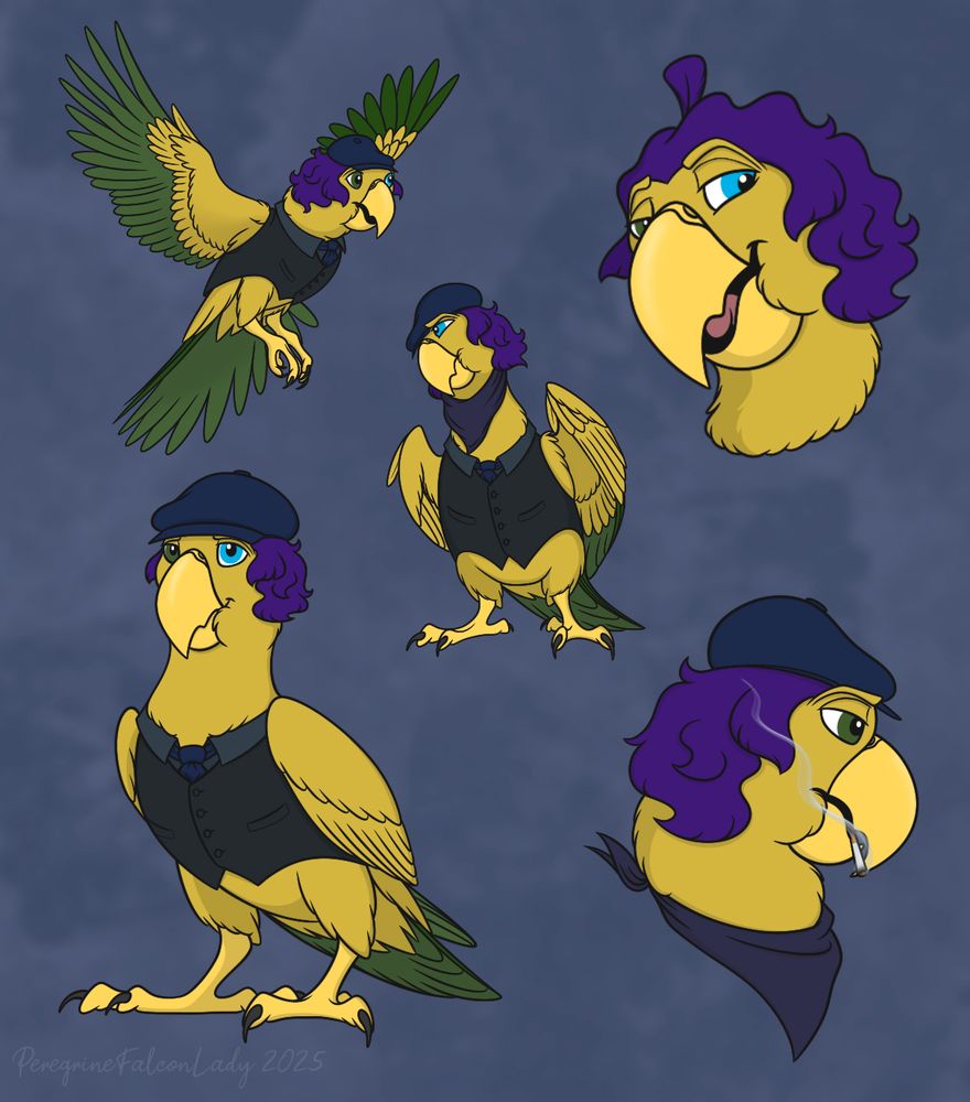 Example of the raffle prize featuring 5 separate drawings of my character, Arpeggio Jr.; 3 fullbodies in the top left, middle, and bottom left and 2 busts in the top right and bottom right