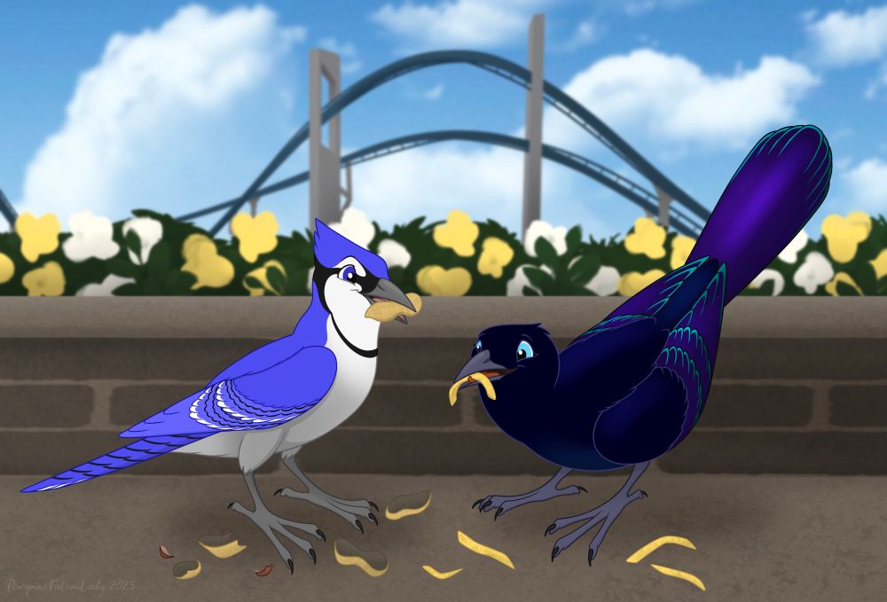 Two birds, a blue jay (left) and grackle (right) eating discarded peanuts and fries on a stone bench. In the background is a short stone wall with flowering plants behind it, and a roller coaster in the background