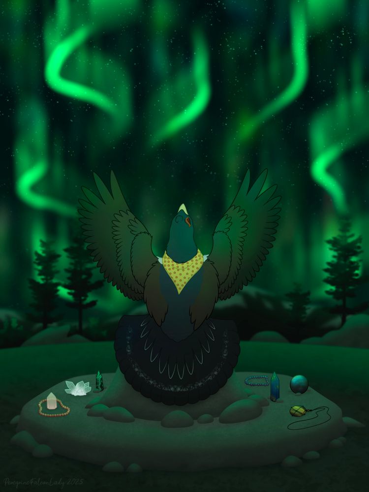 My western capercaillie OC Runa standing on a rock pedestal with her back turned to the viewer, head and wings raised towards the sky and fanned tail pointed downward. On the stone platform below her are some crystals arranged on either side of her. The sky is alit with a green Aurora, with some pines and a mountain range in the distance.