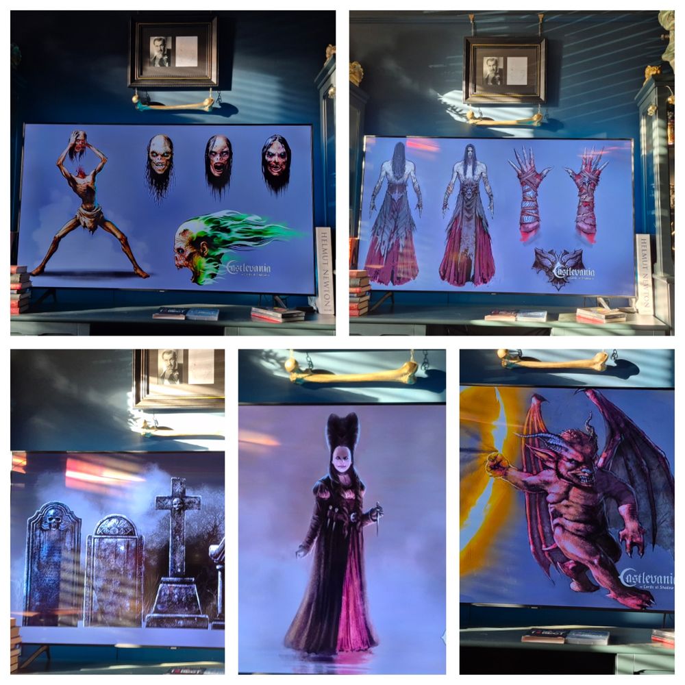 A collage of photos of the artwork of videogame Castlevania Lords of Shadow 