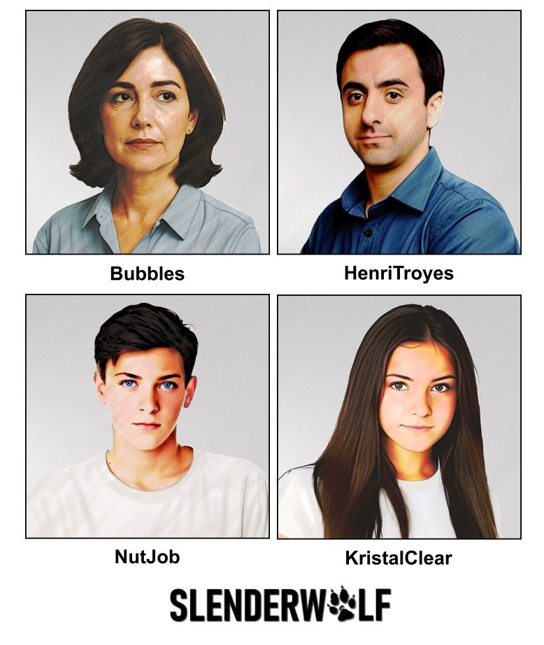 Watercolour paintings of a couple in their late thirties. 

She has dark brown wavy hair which stops just short of her collar. Her deep brown eyes are looking at something (a school pupil) out of shot on her left. Her expression is neutral, although she looks as if she might be about to frown. She has tiny gold stud earrings and modest cosmetics. She is wearing an open neck, medium blue blouse. The image is labelled “Bubbles”.

He has short, well groomed, dark brown hair and deep brown eyes. His expression is neutral, yet pleasant. He looks like a man who likes to be focussed (on his work probably). He is wearing an open neck, blue denim shirt. The image is labelled HenriTroyes. Call him Henri or Henry, it's OK by him.

Watercolour paintings of a two 16 year olds. 

A charming young man with neat well groomed brown hair, his eyes are bright blue, and his face has an almost neutral expression although it looks as if he's concentrating. He's wearing a plain white T shirt against a light grey background. The image is labelled NutJob.

An attractive young girl aged 16. She has long straight, deep brown hair and her eyes are chestnut coloured. Her face has a gentle expression with a hint of a smile. Her plain T shirt is white. The image has a pale grey backdrop, and is labelled KristalClear.

copyright © Scott Rochester 2025