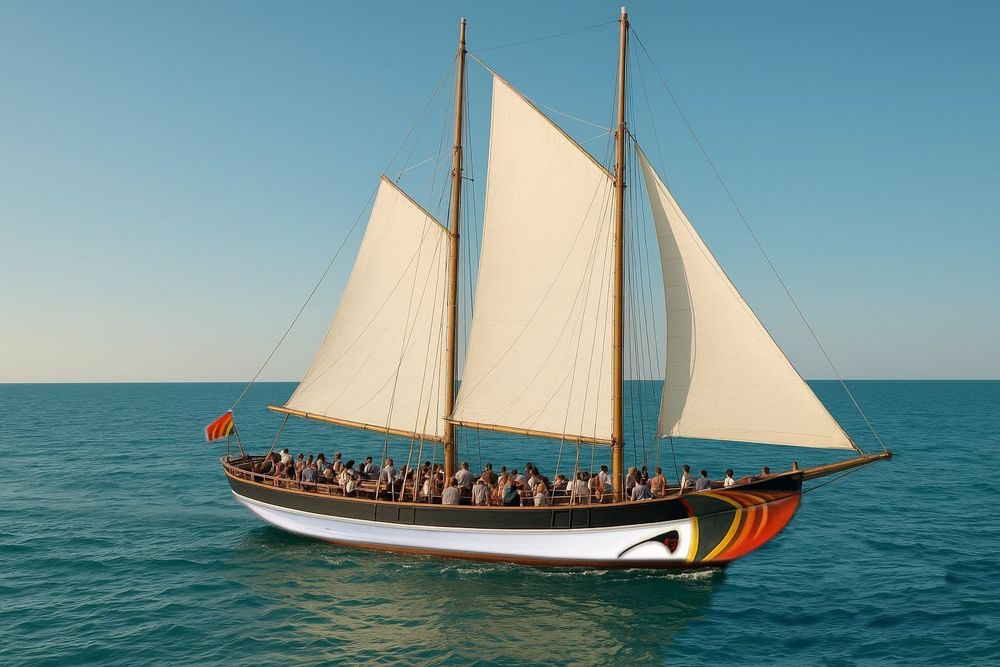  a small sailing vessel styled like a puffin

the bow has the colours and appearance of an inverted beak

there is one fore sail, and two masts, each with a gaff sail

there are about thirty people on the open deck

the sea is calm and the sky is blue with some hazy cloud on the horizon 