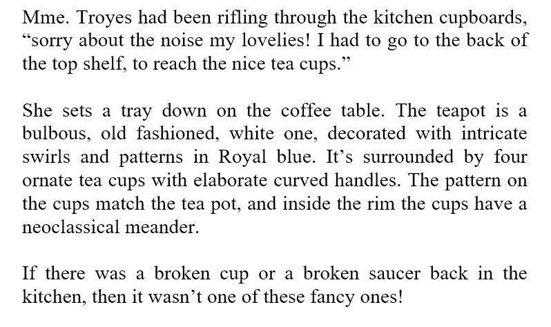 book extract

Mme. Troyes had been rifling through the kitchen cupboards, “sorry about the noise my lovelies! I had to go to the back of the top shelf, to reach the nice tea cups.”

She sets a tray down on the coffee table. The teapot is a bulbous, old fashioned, white one, decorated with intricate swirls and patterns in Royal blue. It’s surrounded by four ornate tea cups with elaborate curved handles. The pattern on the cups match the tea pot, and inside the rim the cups have a neoclassical meander.

If there was a broken cup or a broken saucer back in the kitchen, then it wasn’t one of these fancy ones!

copyright © Scott Rochester 2025 

Novel due out on 30 Sep 2025
