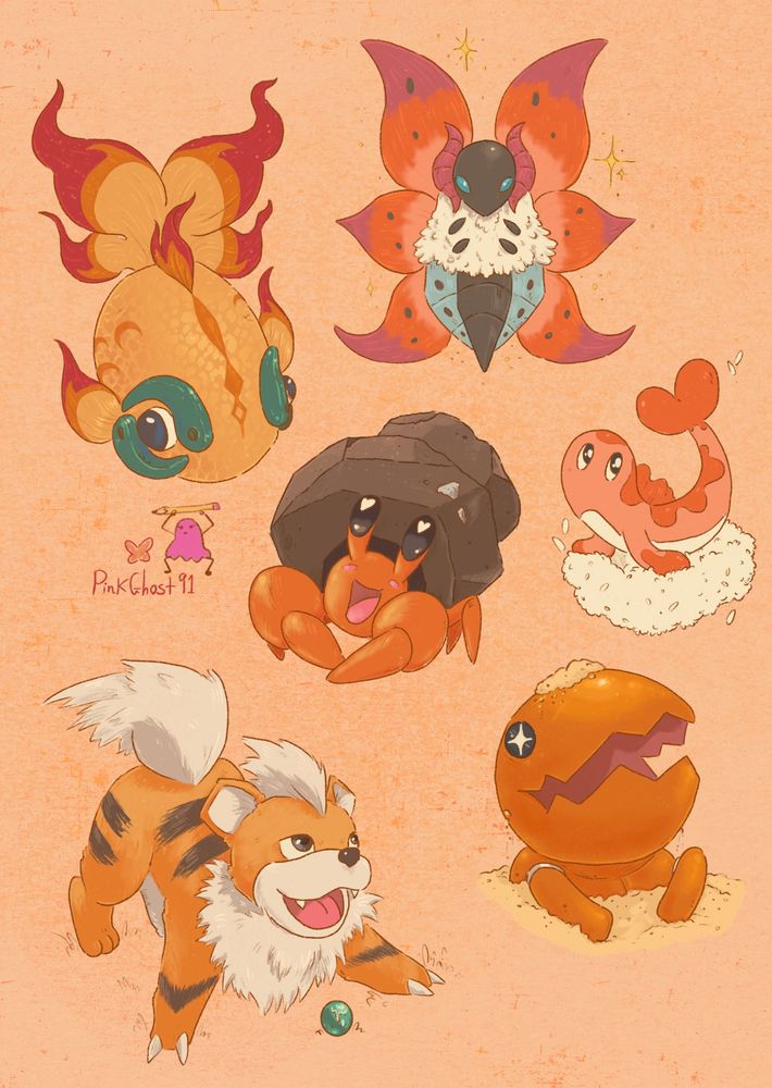 A collection of orange Pokémon, growlithe dweeble trapinch chi yo volcarona tatsugiri all drawn in a soft cartoon style
