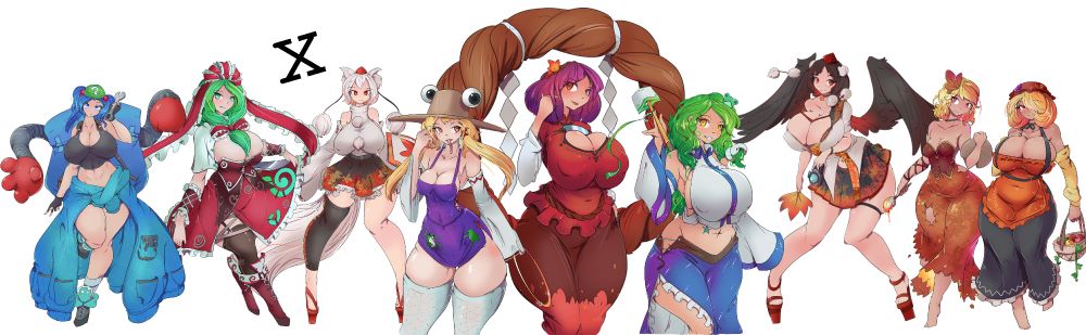 Touhou 10 Cast. Nitoti, Hina, Momiji, Suwako, Kanako, Sanae, Aya and the Aki sisters