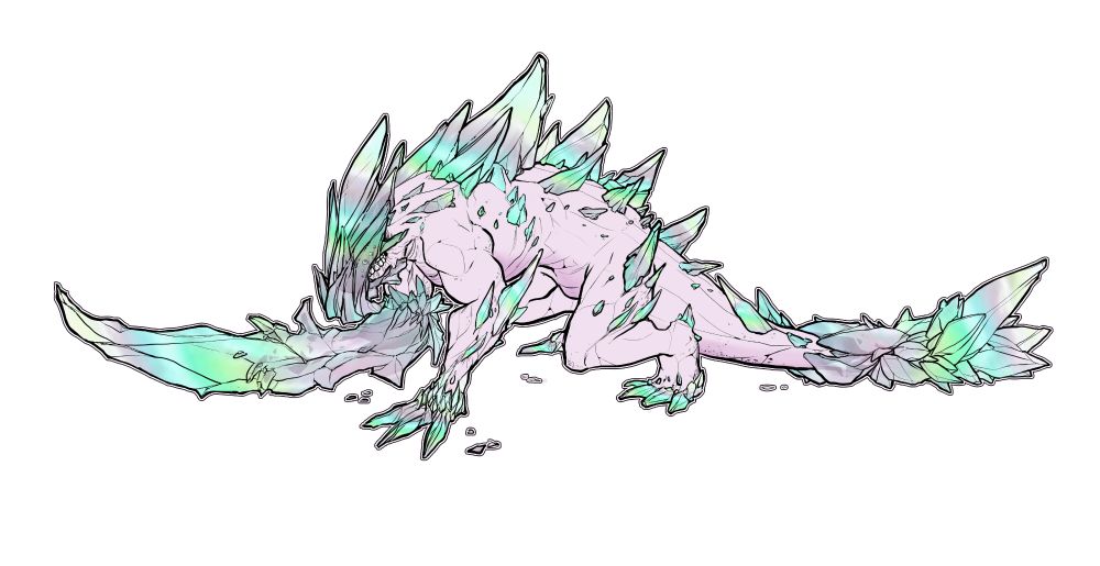 This creature is called a Prismarine Gemitus, a sub-species of Gemitus whom are gem and mineral feasting monsters. The prismatic variant instead consumed gem people, their bodies made of and packed with magical crystal and energy. Unfortunately for them, the Prismarine Gemitus body could not handle the excess and foreign magic. Mutating into an even larger and more aggressive beast, it's body crystalizing from the inside. It's the undeniable phase into a clump of rock, one which is painful to the very end for the creature. Regular Gemitus are territorial by nature, while it's gem variant wanders.