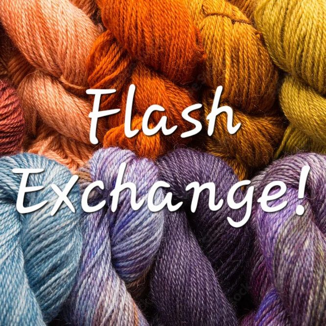 the words "flash exchange!" over a photo of skeins of yarn in various colors