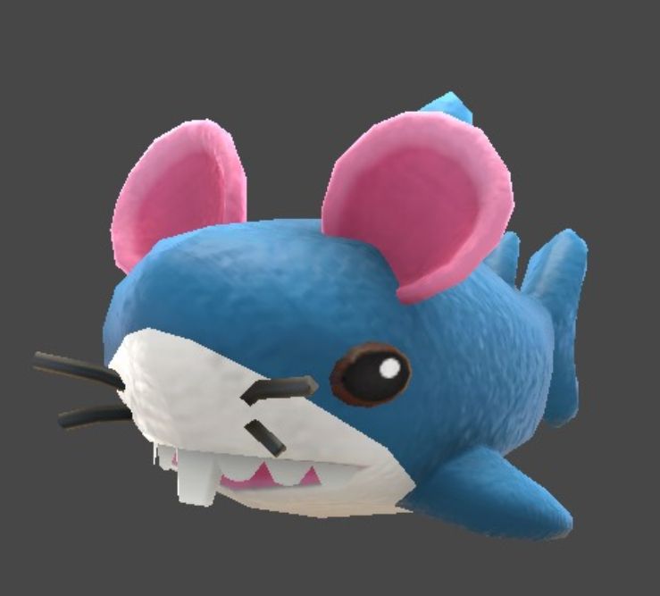 a 3D model plush of a blue shark with pink mouse ears and black whiskers