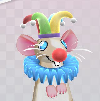 Screenshot of the game Squeakross: Home Squeak Home. It's zoomed on a little rat wearing a colorful jester hat, a blue ruff and a red clown nose.