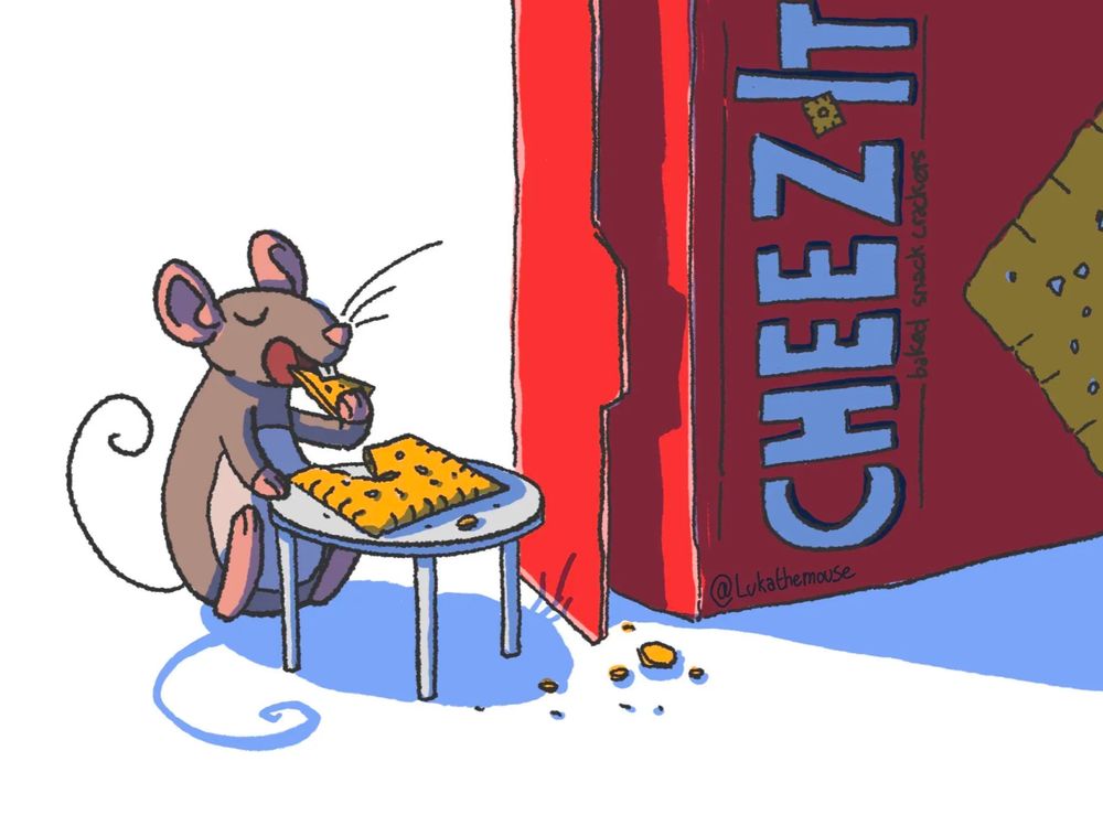 drawing of a small mouse eating a Cheez-it piece like it's a pizza. The cheeze-it is resting on a pizza saver: a mouse sized white table. A huge cheez-it box is sitting on the right of the mouse, you can see the cheez-it logo on it