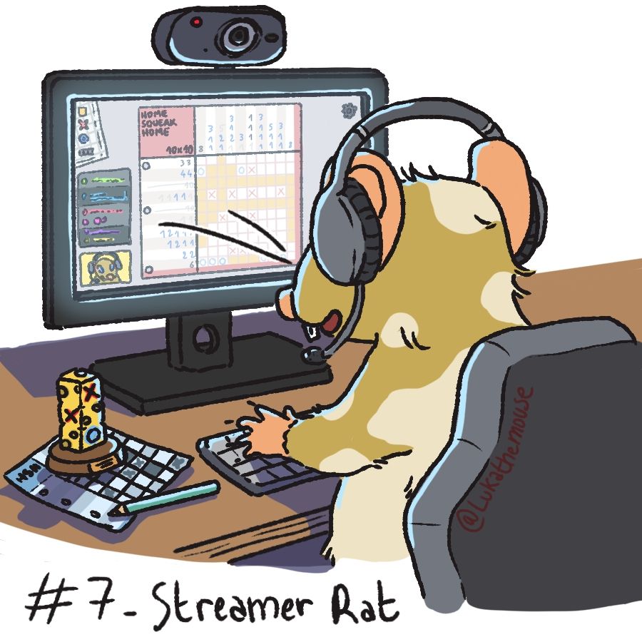 Drawing of a rat facing a computer monitor. They are streaming, they have a headset with a mic, a camera on top of the monitor and a keyboard to play. The game on the screen is Squeakross Home Squeak home, the game has a stream overlay with the player camera and game chat. On the desk, on their left, you can see a cheese trophy from the game, a nonogram puzzle sheet and a pen.
