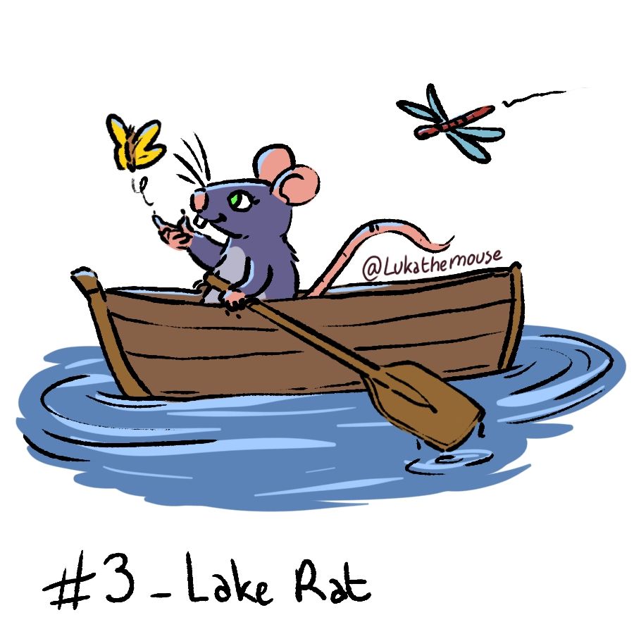 drawing of a rat in a small boat, she has an oar in one hand, and with the other she's reaching to a butterfly flying up. The boat is in the water. A Dragonfly is behind her.