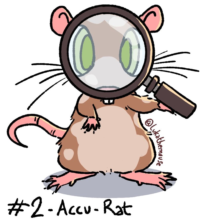 Drawing of a rat holding a big magnifying glass in front of their head. You can see their huge eyes through it and a bit of the nose. Whiskers and ears are poking on the top and side of the magnifying glass.