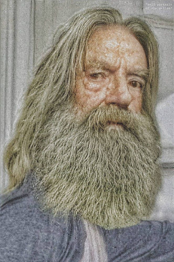 a grey haired man with a full beard stares at the viewer in a semi-profile pose
(each ibdividual pixel is visible in the image)