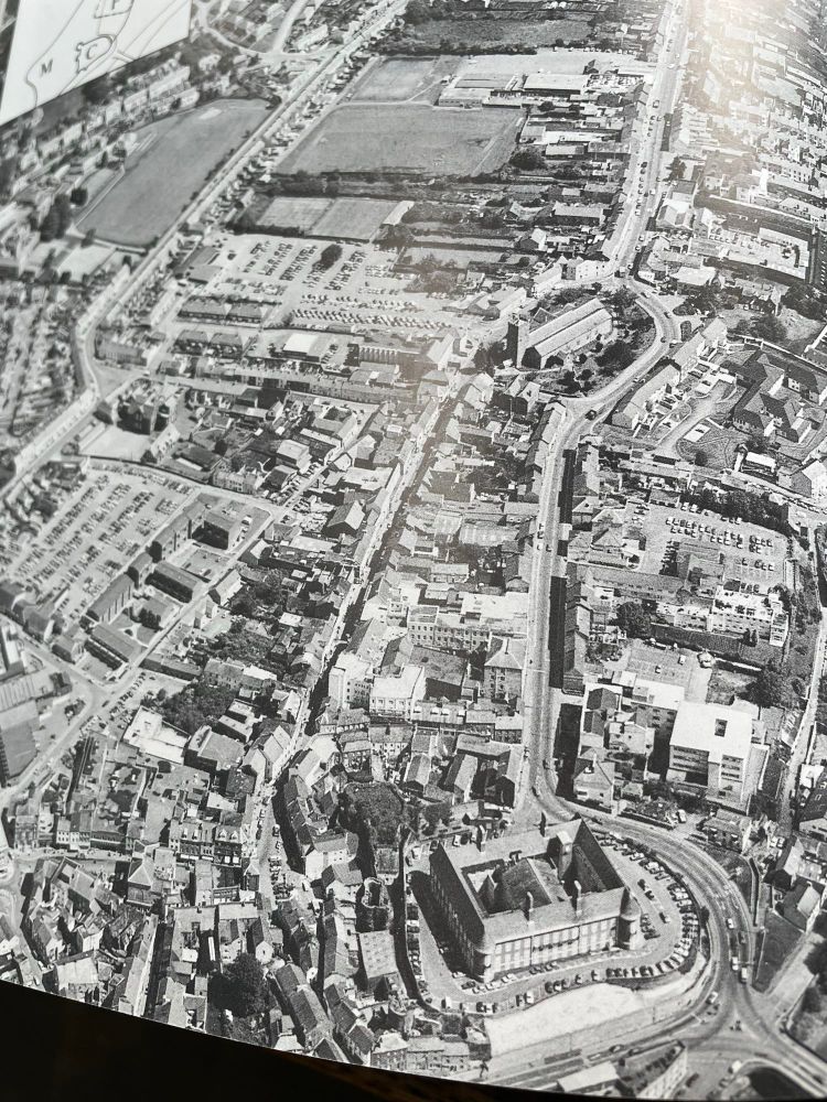 Aerial shot from the 1990s of Carmarthen town centre.