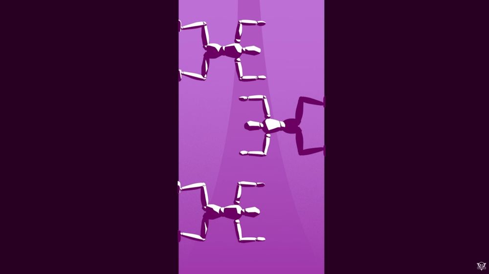 Screenshot of The Amazing Digital Circus episode 6: A sports graphic of three mannequins posing in a vertical cavern