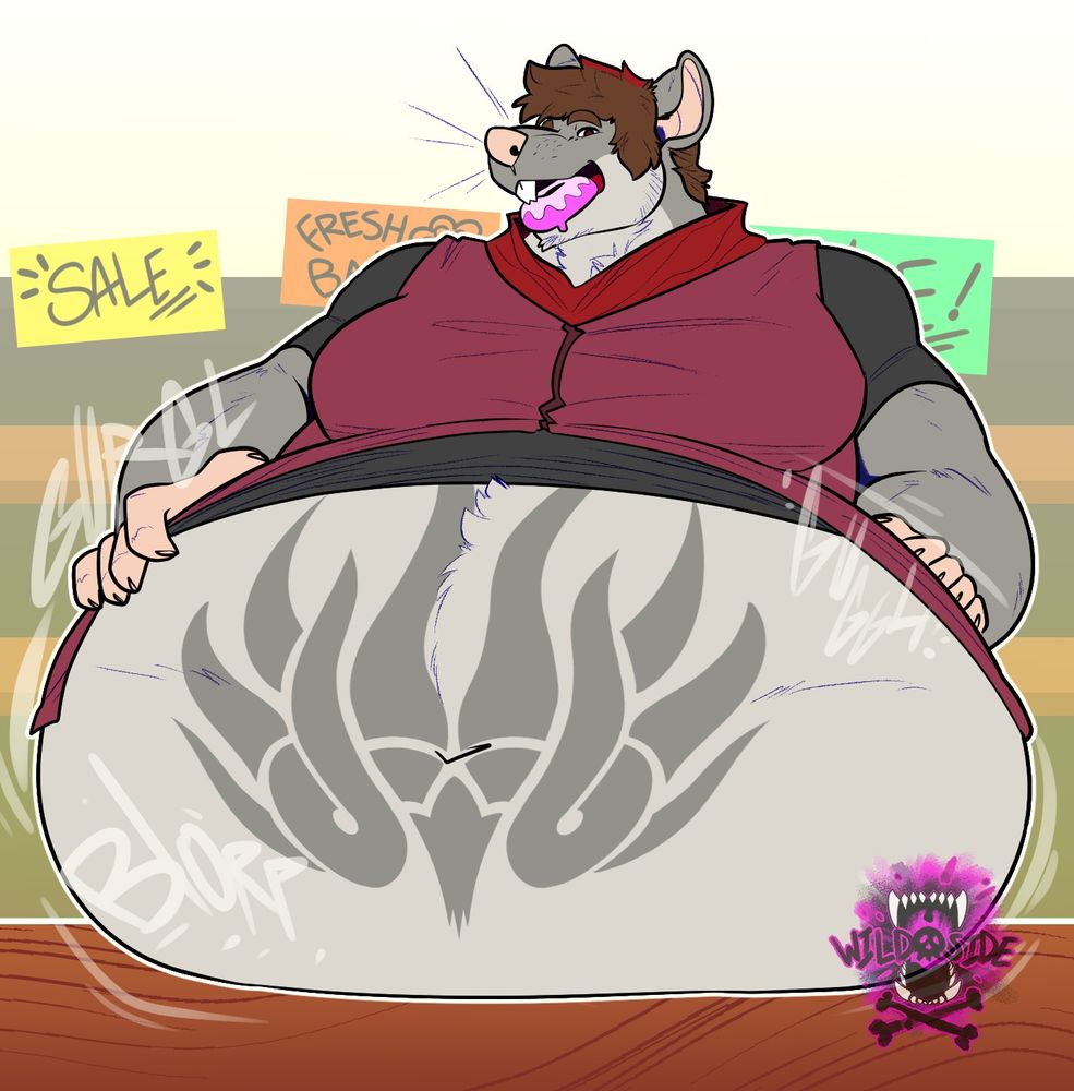 Illustration of a large anthro rodent with their bloated belly on a countertop showing off their gains after eating many donuts.