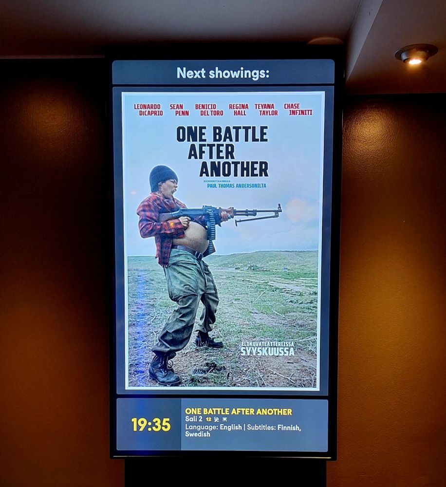 One Battle After Another movie theatre screening marquee.