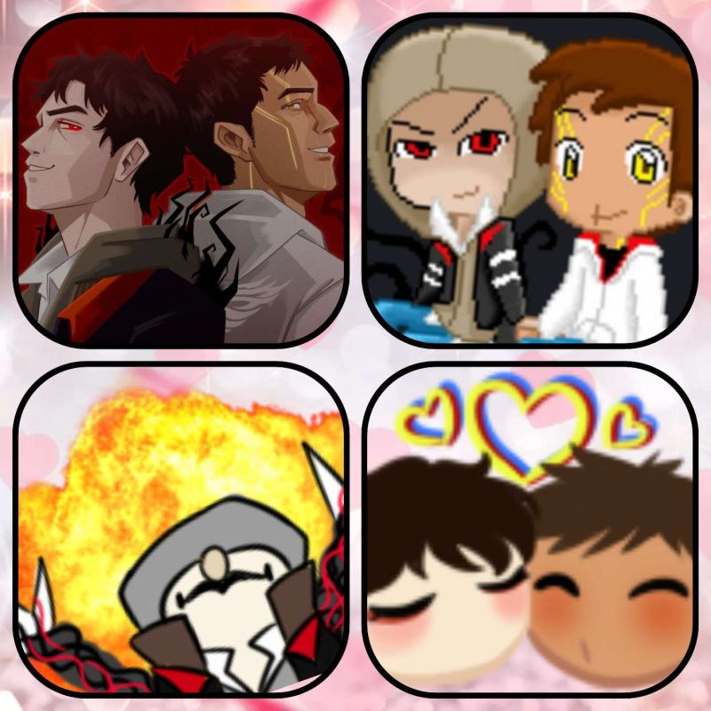 4 preview images of digital Protocreed art. Image 1 shows Desmond Miles and Alex Mercer in a semi-realism style, both smiling and standing back to back, Alex with tendrils rising from his back, Desmond with Isu glow lines on his face. Image 2 is pixel art of Desmond and Alex holding hands. Alex again has tendrils coming from his back and Desmond has glowing golden eyes in addition to the Isu lines on his face. Image 3 is the "hellmo" meme but with Alex, his arms spread wide in front of a large fireball explosion. Image 4 is a cartoony style emote of Alex and Desmond making kissy face at each other, with 3 hearts above their heads.