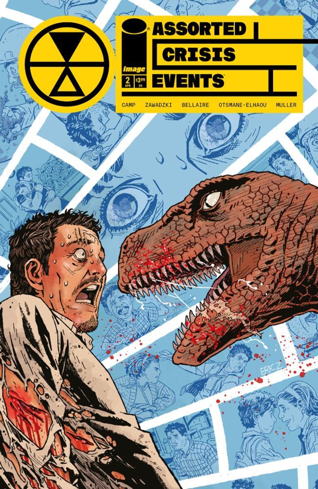 Assorted Crisis Events comic, issue #2 A velociraptor threatens to bite a scared man
