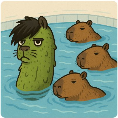 An image of an emo pickle (you read that right!) swimming in a pool with capybara's