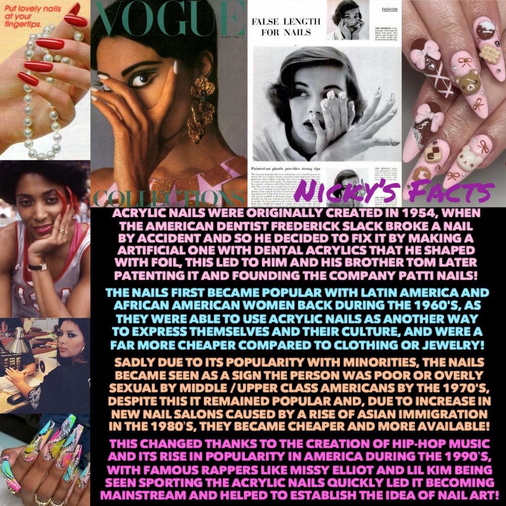 history facts about the origins of acrylic nails, how they became popular, and how they became a part of latina & black girlhood!💜