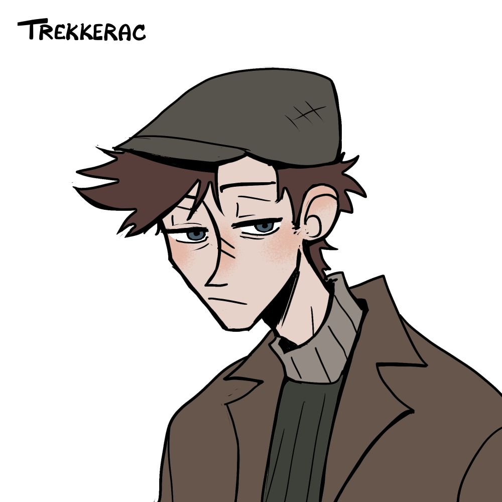 Flat colour portrait of a gaunt looking man in a flat cap, sweater and jacket. He looks bored or tired.