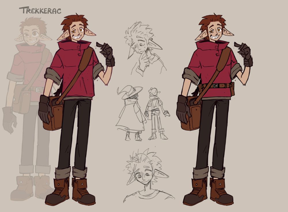 Two flat coloured sketches of the same character design, one with a belt and one without. Aidan has pointed ears and a droopy eye, he wears overfitted clothing and rolls up the ends. He has a shoulder bag.