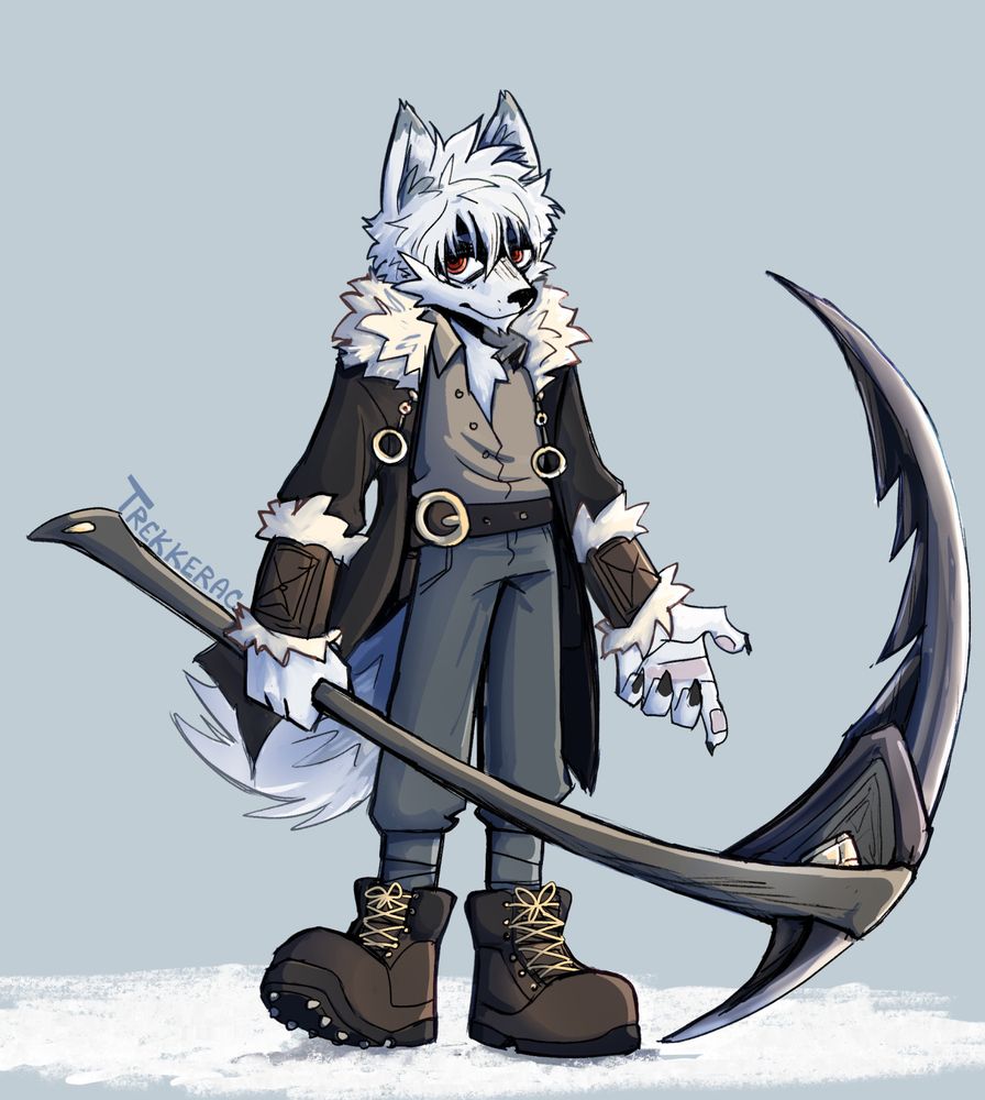 A cel shaded coloured sketch of a furry wolf/husky. He wears a buttoned down shirt, a large belt , snow boots and a furlined coat. He is holding a giant scyth with jagged edges.