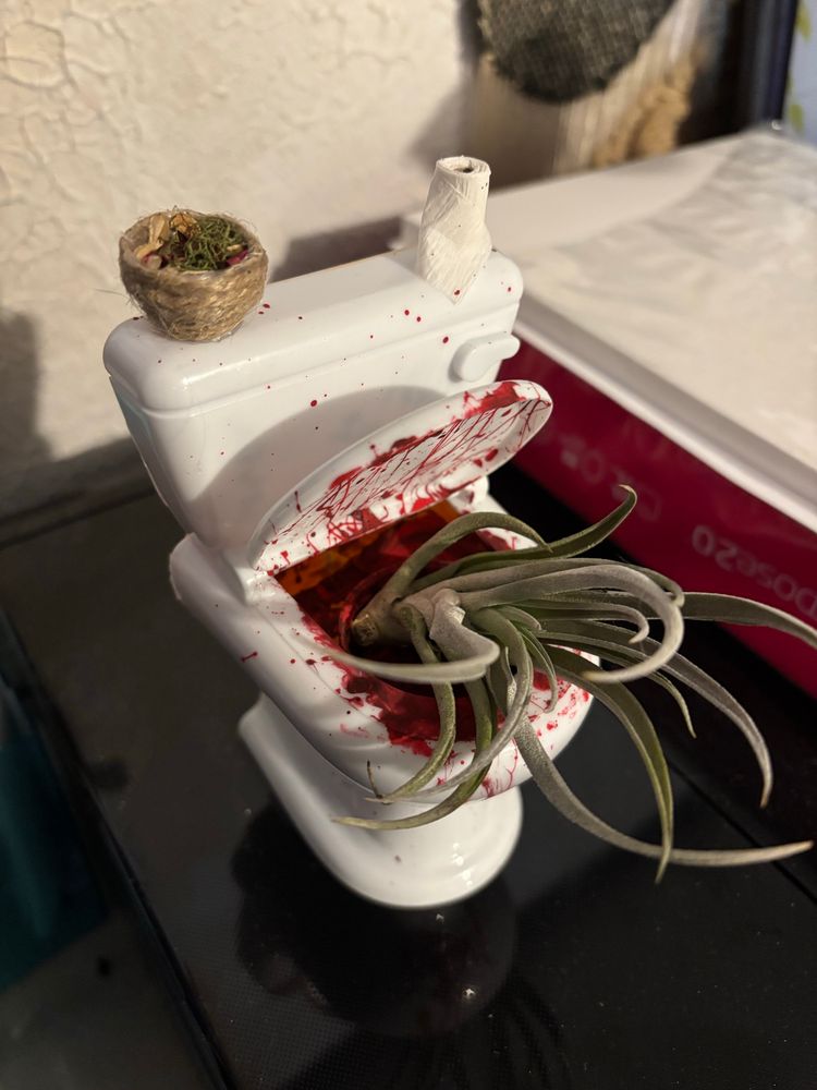 Small toilet with blood spatter, handmade toilet paper roll and potpourri basket with air plant inside 