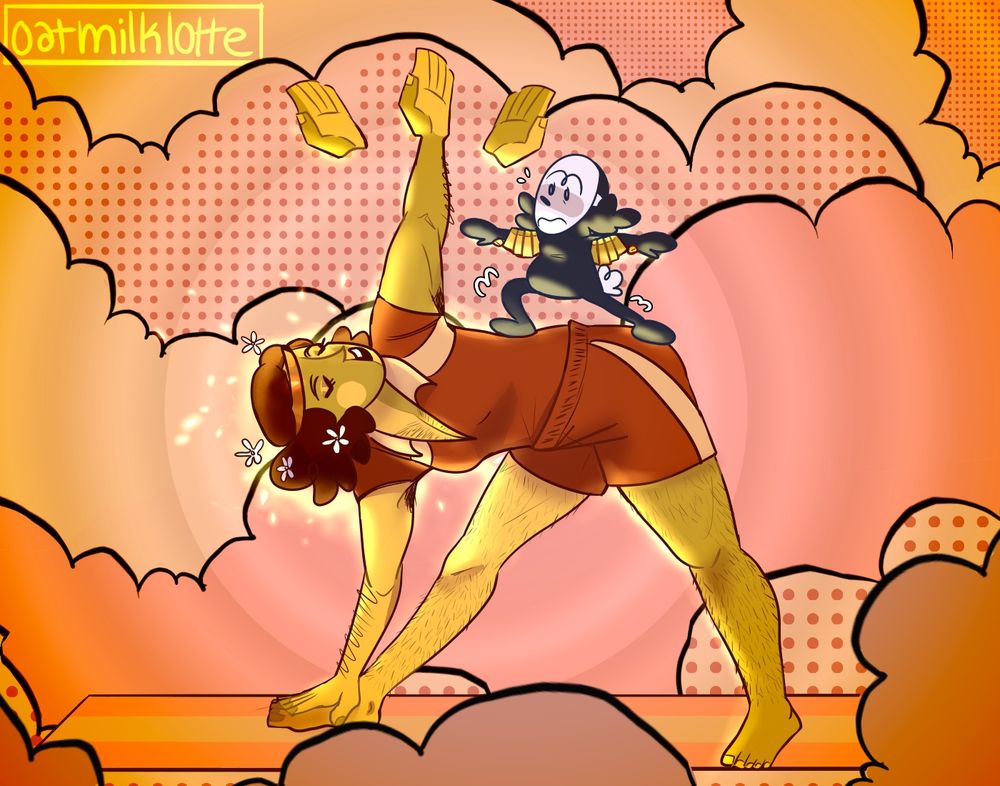 Digital art of Thespius Green and Click Clack from Great God Grove doing yoga together. Click Click has poor balance and needs Thespius' extra hands to keep him upright. 