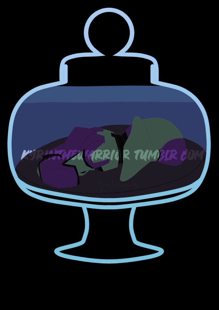 An image of a chibi mermaid TFA Legnut, sleeping on the sand in a small, glass vase terrarium.