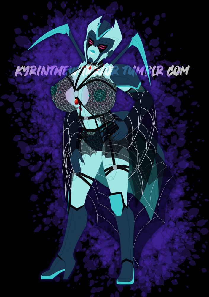 An image of Spider!OP dressed in a black spider-web inspired lingerie. The lingerie consists of several straps and on the body and several layers of transparent material draped over it with line work done to represent the lines of a spider's web.