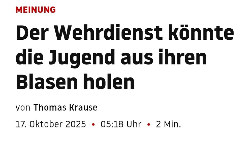 Ausschnitt aus einer Stern Kolumne darüber, wie die Wehrpflicht helfen könnte, Jugendliche aus ihren "sozialen Blasen" herauszubekommen.