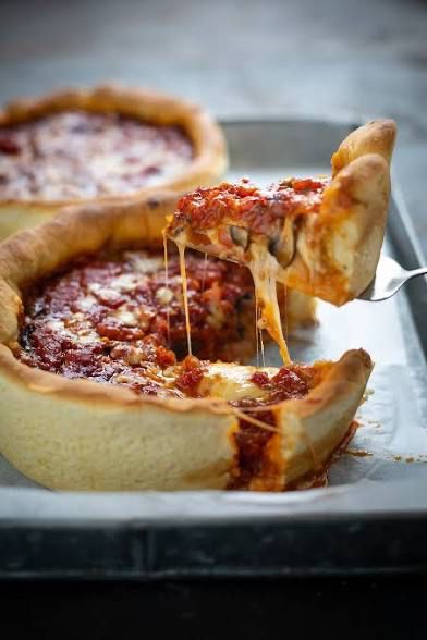 A deep dish pizza