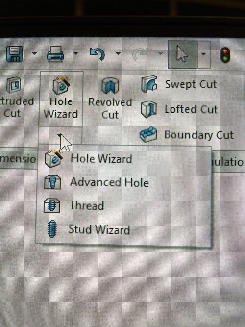 A CAD (?) software menu, showing options for “hole wizard”, “advanced hole”, “thread” and “stud wizard”