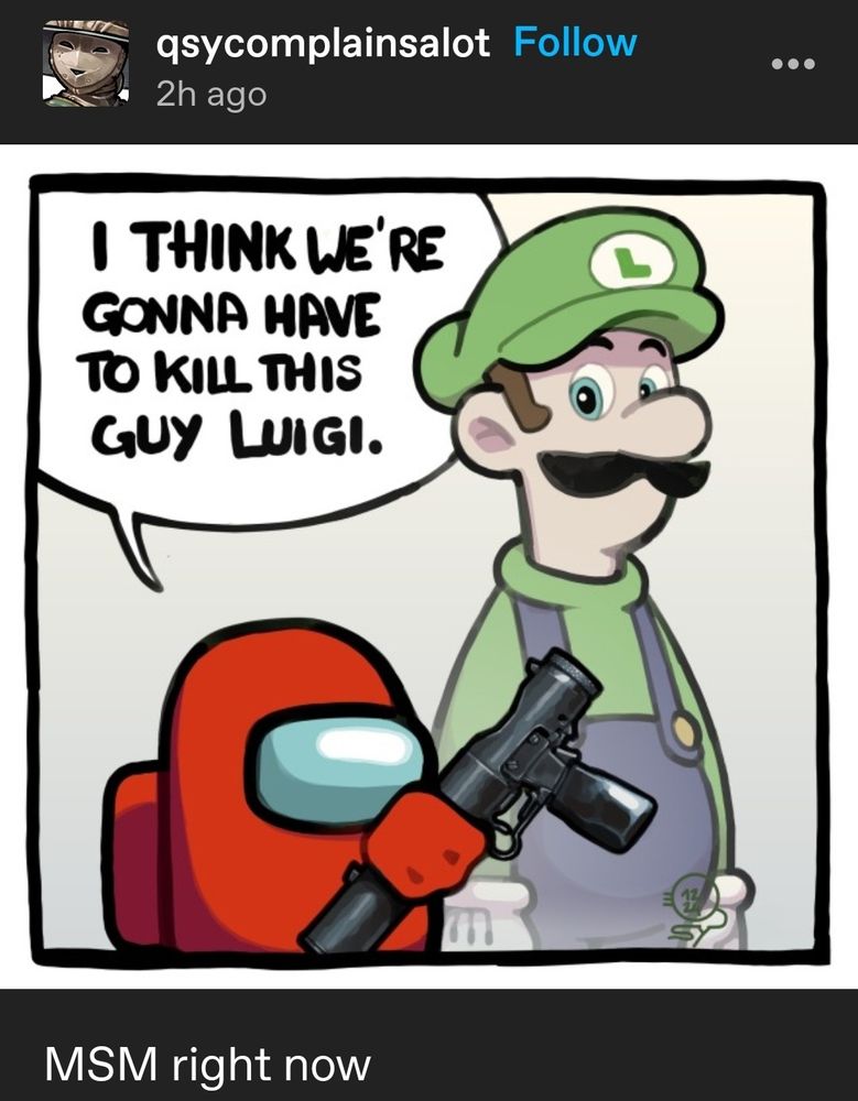 An amongus spaceman handing luigi a silenced gun, aaying “i think we’re gonna have to kill this guy luigi”