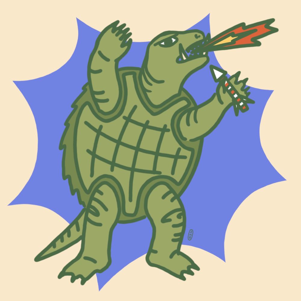 drawing of gamera holding a firework and breathing fire