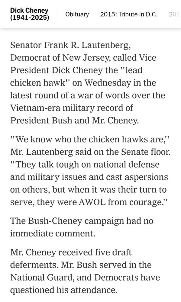 New York Times story on Dick Chney's five draft deferments.