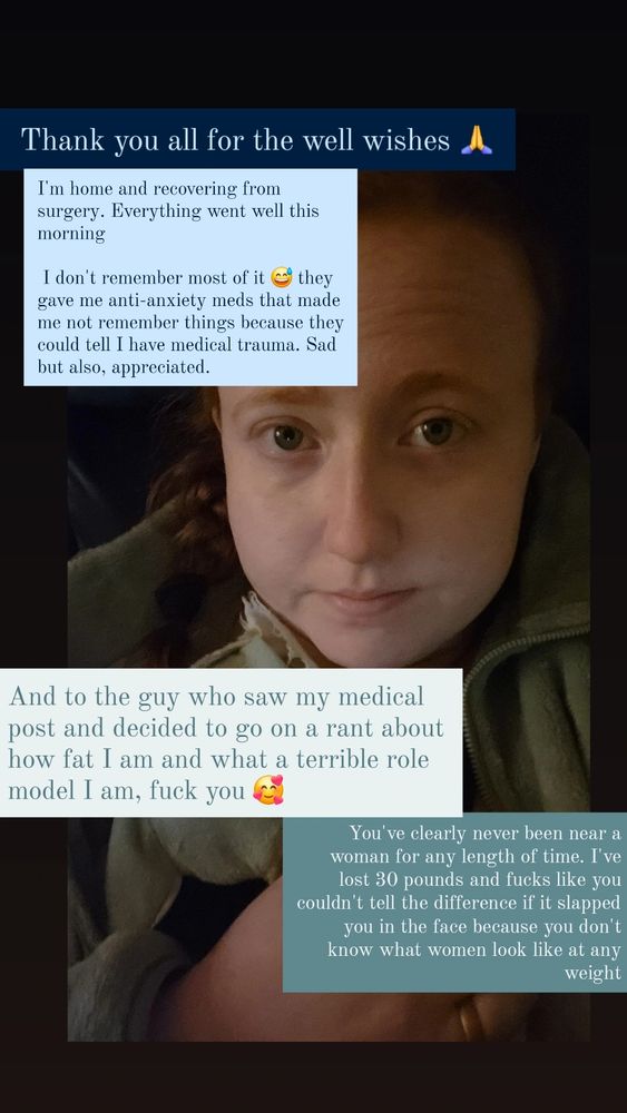 Photo of Arcane bundled up and recovering with text captions that say what this post and replies say 
