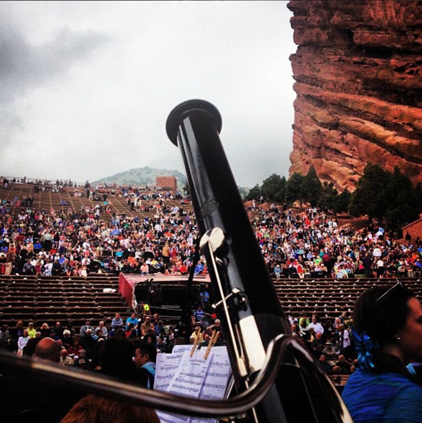 Photo of the top of a black bassoon overlooking the stairs at Red Rocks Amphitheatre  