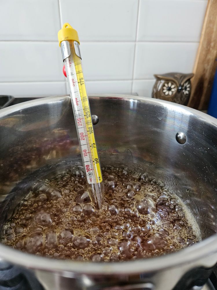 A stainless steel pot with small bubbles from a mass of brownish liquid. A candy thermometer is attached to the side of the pot. 

The brownish liquid is melted sugar and golden syrup. It's not as gross as it sounds. 