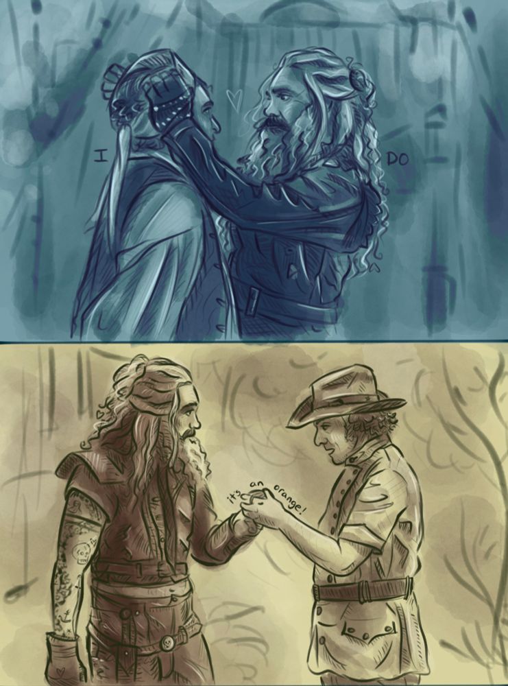 Two digital illustrations of Ed and Stede from season 1 of ofmd, 1- Ed removing Stede’s blindfold as they stare into each others eyes, text reads ‘I do’ with a heart between them, teal/ blueish colors, 2- Ed and Stede clasp hands around the ‘petrified’ orange, yellowish colors 