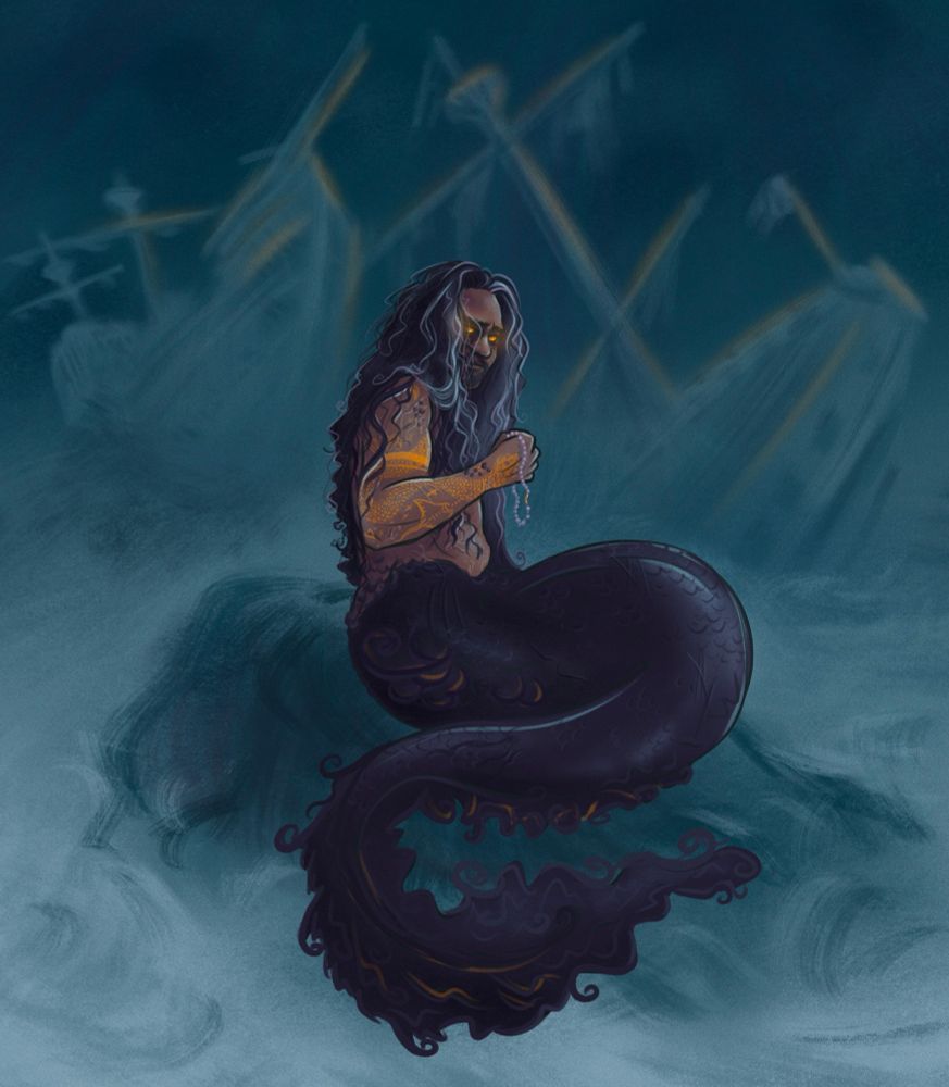 Digital illustration of Ed teach as a mermen, sitting on a rock with shipwrecks in the background. He has a dark purple tail, gold tattoos, and glowing gold eyes. He is holding a pearl necklace in his hand and looking at it with a sad expression. Overall spooky vibes.